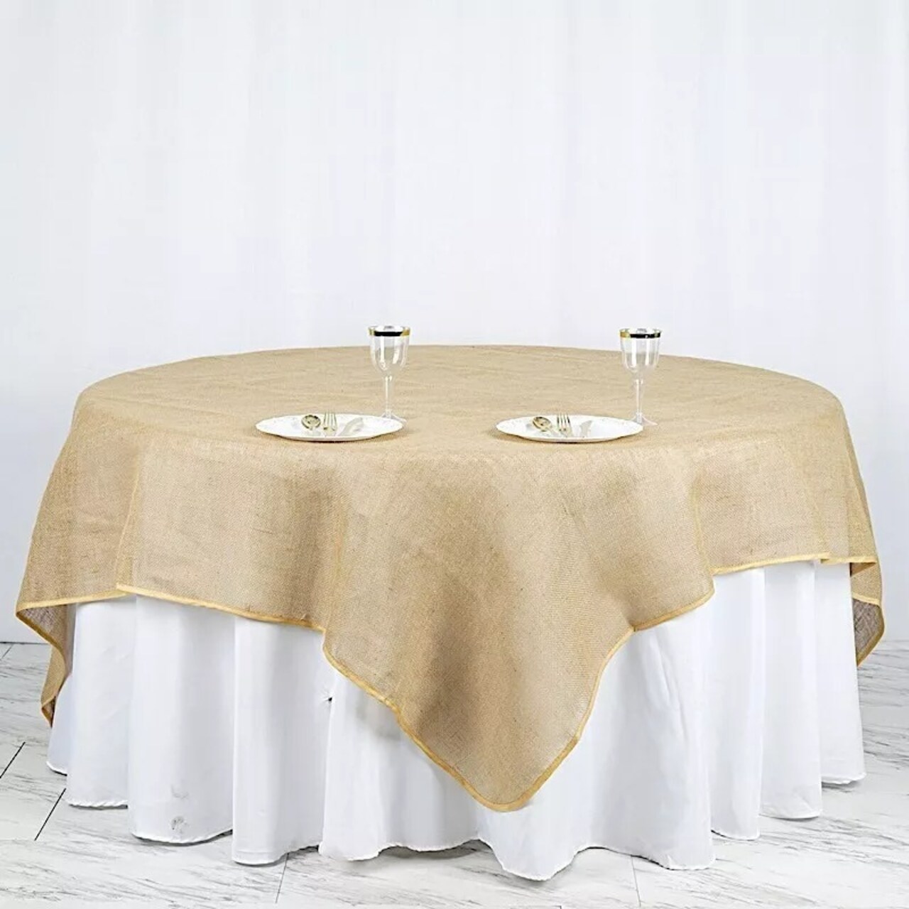 90x90" Natural Brown BURLAP SQUARE TABLE OVERLAY Wedding Party Tradeshow Linens